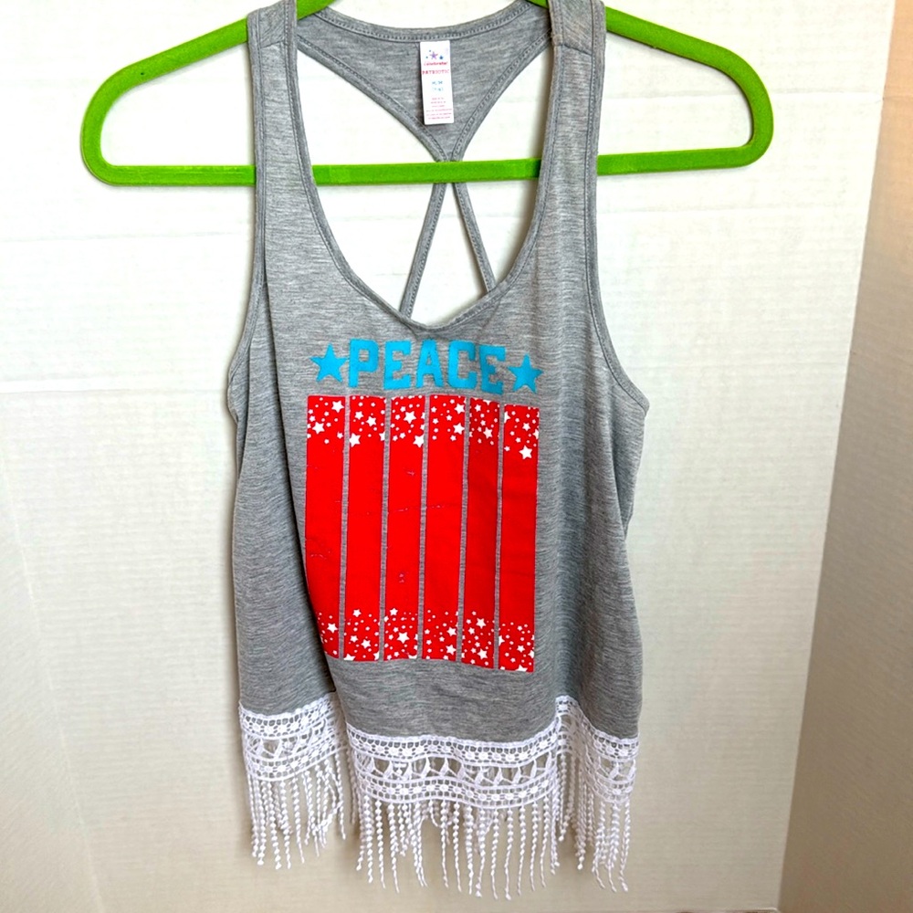Patriotic Stars & Stripes T- Back Fringe Tank Sz med 7-9